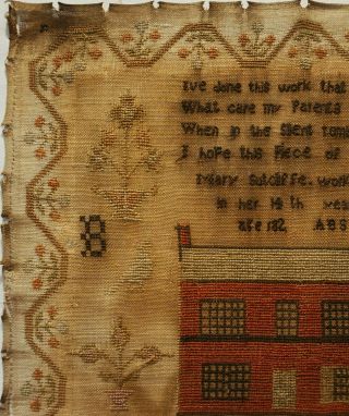 EARLY 19TH CENTURY RED HOUSE,  MOTIF & VERSE SAMPLER BY MARY SUTCLIFFE - 182 4