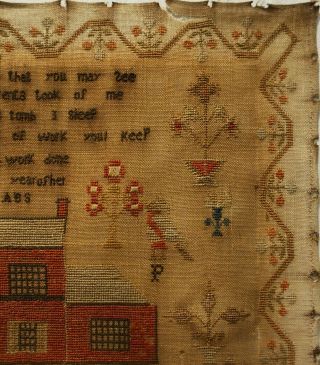 EARLY 19TH CENTURY RED HOUSE,  MOTIF & VERSE SAMPLER BY MARY SUTCLIFFE - 182 5