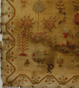 EARLY 19TH CENTURY RED HOUSE,  MOTIF & VERSE SAMPLER BY MARY SUTCLIFFE - 182 6