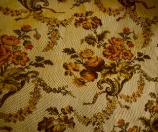 Antique French Garlands Roses Tapestry Jacquard Fabric Brown Olive Latte