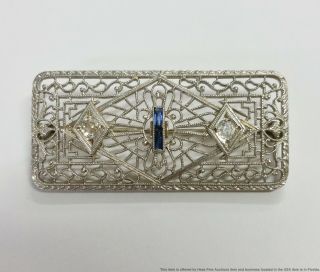 Art Deco 14k White Gold Filigree Old Cut Diamond Sapphire Brooch Pin Pendant