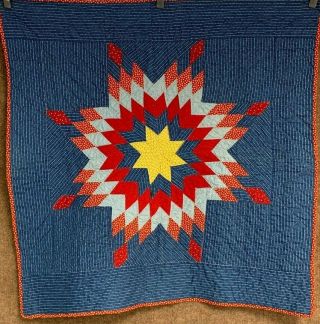 Pa C 1890 - 1900 Blazing Star Quilt Crib Indigo Blue Red Gift