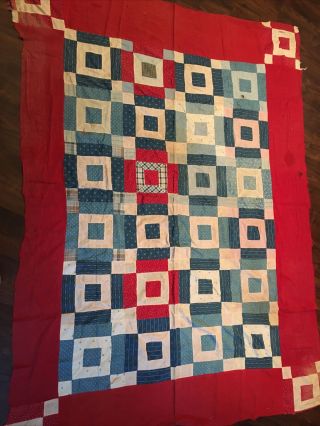 Antique Early 20th C Patchwork Quilt Top Unfinished Red White Blue 60x85 "