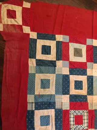 Antique Early 20th C Patchwork Quilt Top Unfinished Red White Blue 60x85 