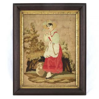 Antique 19th C.  Figural Wool Needlework Embroideryportrait Gilded Frame