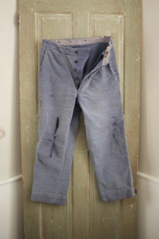 Vintage Pants French Work Wear Blue Moleskin Trousers 31 Inch Waist Mended