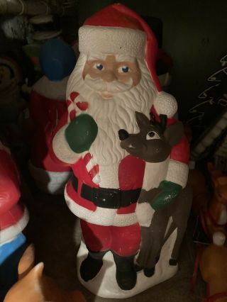 Vintage Christmas Santa With Reindeer And Candy Cane Blow Mold