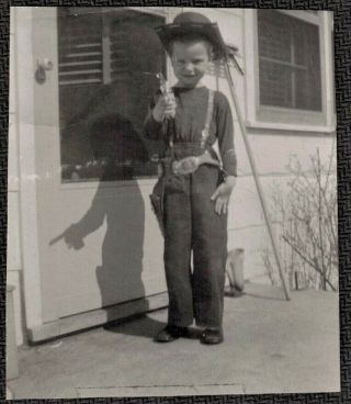 Antique Photograph Adorable Little Boy Wearing Cowboy Outfit W/ Gun