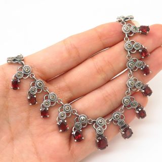 925 Sterling Silver Vintage Red Garnet & Marcasite Gem Chain Necklace 19 "