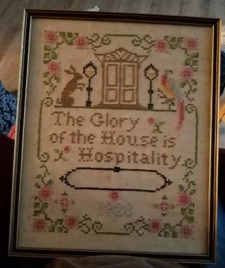 Antique Cross Stitch Embroidery Framed Sampler Dated 1928 Glory Of The House