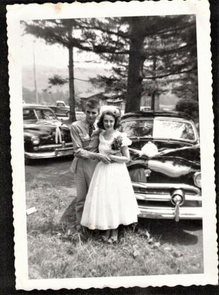 Vintage Antique Photograph Young Man & Woman Standing By Antique Cars
