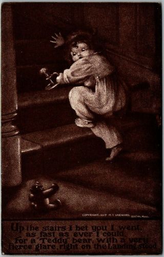 Vintage Artist - Signed M.  T.  Sheahan Postcard Teddy Bear Boy On Stairs Candle 1908