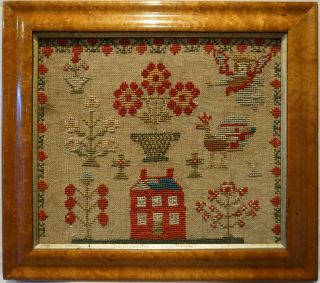Small Mid 19th Century Red House,  Peacock,  Rose Basket & Motif Sampler - C.  1850