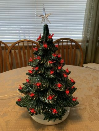 Vintage 20 Inch Lighted 2 - Piece Ceramic Christmas Tree 1986 Red Lights Cardinals