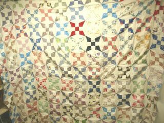 Qt 3,  Vintage Quilt Top,  9 Patch,  Circle Pattern Hand Stitched,  65 X 85 Inches.