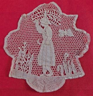 Antique 19th Century Handmade Cantu Figural Bobbin Lace Woman Scythe Wheat Trim
