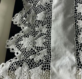 Antique White Linen Panel With Hand Made Openwork And Eyelet Embroidery Ww16