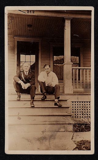 Antique Vintage Rppc Postcard Photograph Two Men Sitting On Front Porch Of House
