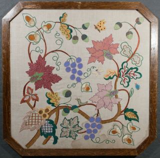 Antique Vintage Arts And Crafts Jacobean Crewel Work Tapestry Framed