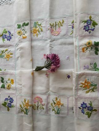 Hand Embroidered Tablecloth With Lace Edge Spring Flowers
