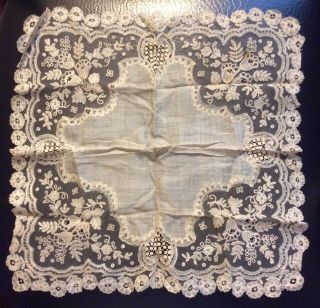 Antique 19th C.  Victorian Belgian Lace Bridal Wedding Handkerchief Doily 13 "