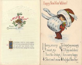 2 Vintage Art Deco Little Girl & Bells Merry Christmas Simple Deco Post Cards
