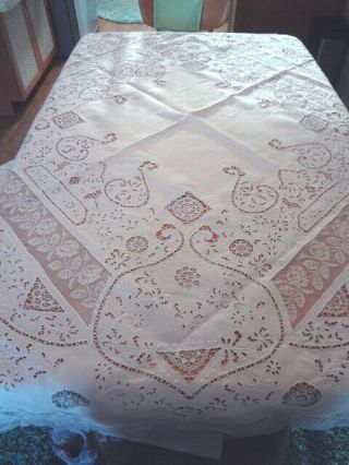 Spectacular Vintage Italian Hand Embroidered & Point De Venise Lace Tablecloth