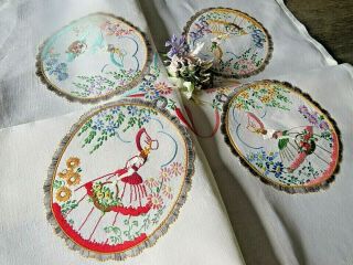 Vintage Hand Embroidered Linen Tablecloth/ Crinoline Ladies/ribbons