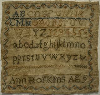 Very Small Early/mid 19th Century Alphabet Sampler By Ann Hopkins Aged 9 C.  1835