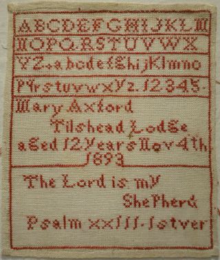 Small Late 19th Century Red Stitch Work Sampler By Mary Axford Aged 12 - 1893