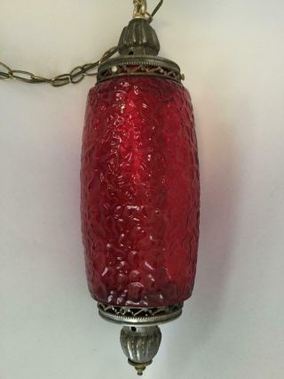 Vintage Red Glass Hanging Swag Light W/ Diffuser Mcm Lamp W/ Chain