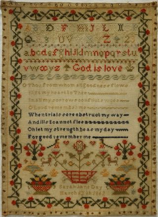 Mid 19th Century Motif,  Verse & Alphabet Sampler By Sarah Jane Day - 1862