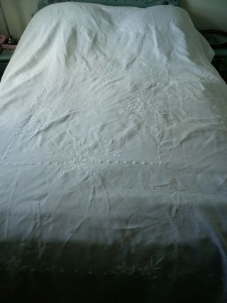 Huge Antique White Work Embroidery Bed Cover Tablecloth 102 X 84 Inches