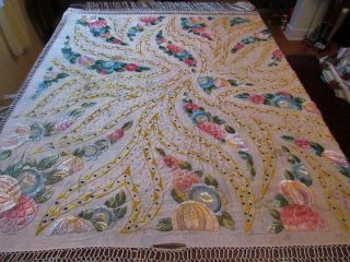 Antique Vintage Chinese Hand Embroidered Silk Piano Shawl Fringe As - Is