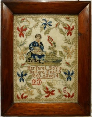 Mid 19th Century Sampler Of A Young Boy In A Garden By Margaret Doyle - 1850