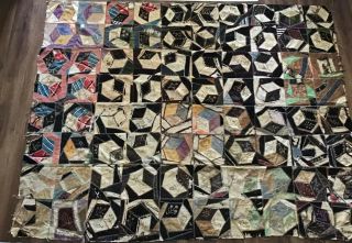 Antique Crazy Quilt Hand Embroidered Vintage 76”x60” Tumbling Blocks Farmhouse