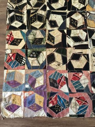Antique Crazy Quilt Hand Embroidered Vintage 76”x60” Tumbling Blocks Farmhouse 2