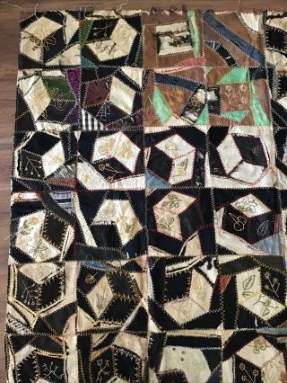 Antique Crazy Quilt Hand Embroidered Vintage 76”x60” Tumbling Blocks Farmhouse 3