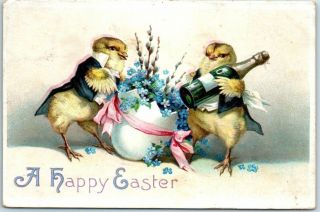 Vintage Easter Greetings Embossed Postcard Dressed Chicks Champagne 1912 Cancel