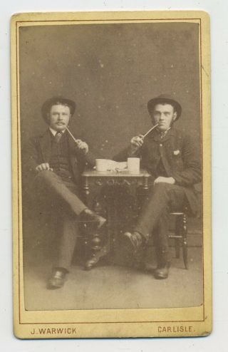 Antique Cdv Photograph Of Two Men Seated Smoking Clay Pipes Warwick Carlisle D3