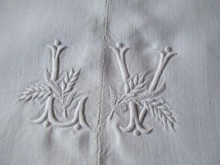 Delicious Antique French Pure Linen Dowry Sheet.  Monogram Lv C1840 Scalloped Hem