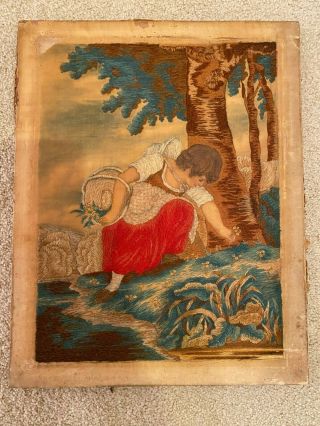 Antique Georgian Silk Embroidery Child Picking Flowers - Wonderful Colors