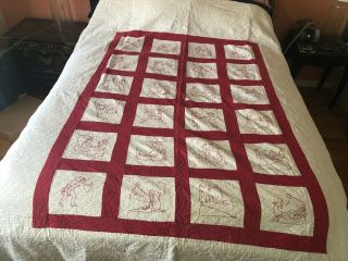 Antique Hand Sewn Redwork Quilt Circa 1900 