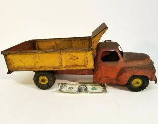 Vintage Pressed Steel 1950s Marx Lumar Studebaker Dump Truck Toy Red Yellow 18 "