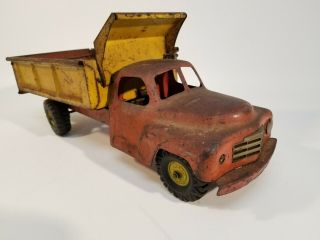 Vintage Pressed Steel 1950s Marx Lumar Studebaker Dump Truck Toy Red Yellow 18 