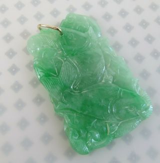 Vintage Green Jadeite Jade Double Fish Tablet Pendant With 14k Gold Bail