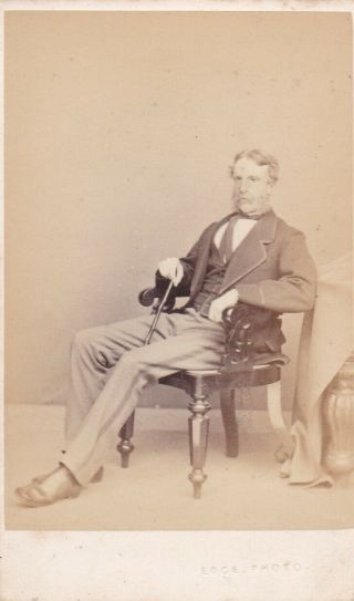 Antique Cdv Photo - Seated Whiskered Man With Cane.  Preston @ Llandudno Studio