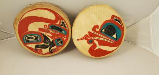 Vintage " Northwest Coast Native American Indian Drums Unsigned