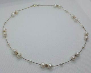 Vintage 14k Yellow Gold White Pearl Station Bead Snake Chain Tin Cup Necklace