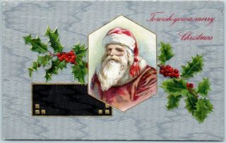 Vintage 1909 Christmas Embossed Postcard Santa Claus Red Suit & Cap Holly Leaves